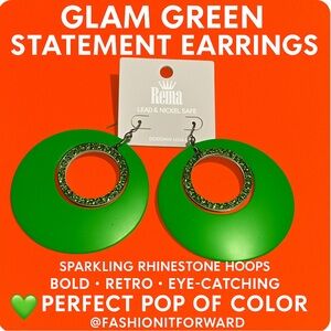 Glam Green Statement Earrings – Sparkling Rhinestone Hoops, Retro Mod Design